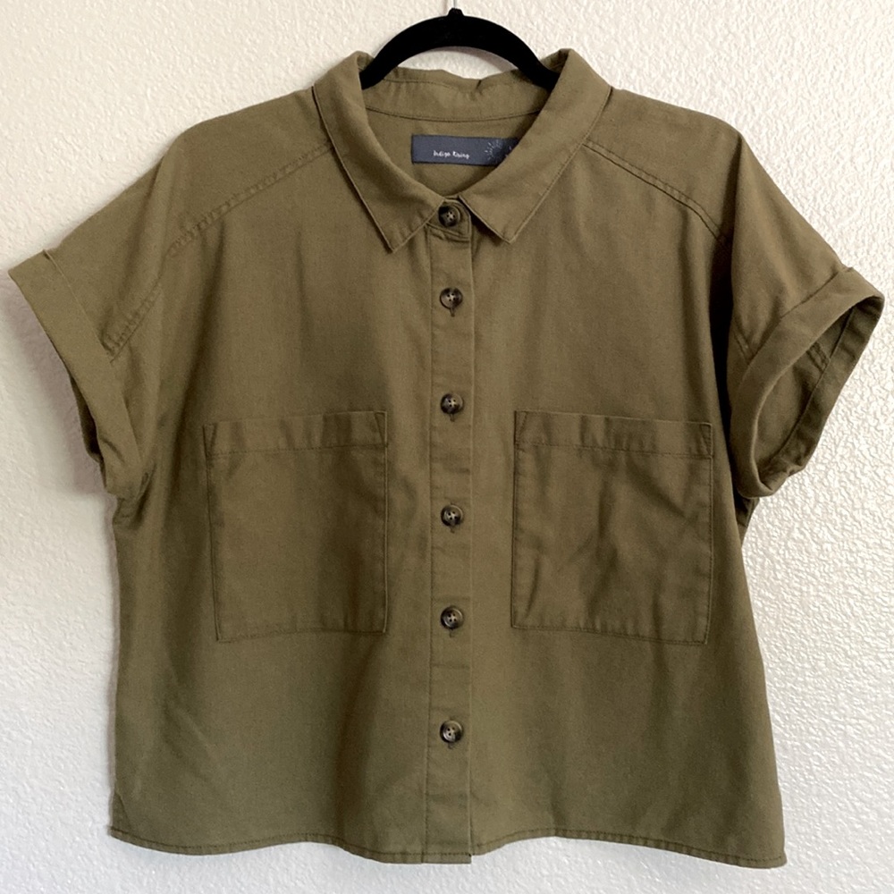 Indigo Rising Linen Blend Olive Button Up Shirt Top
